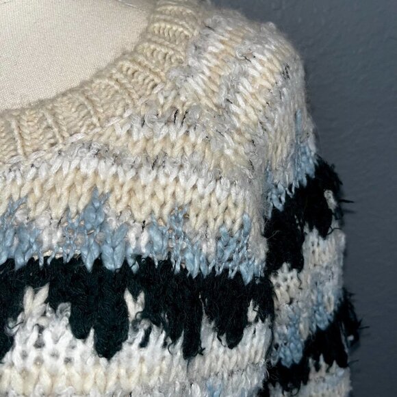 FREE PEOPLE Alpaca & Wool Blend Cream Green& Blue Nordic Pullover sweater EUC XS - Picture 3 of 6